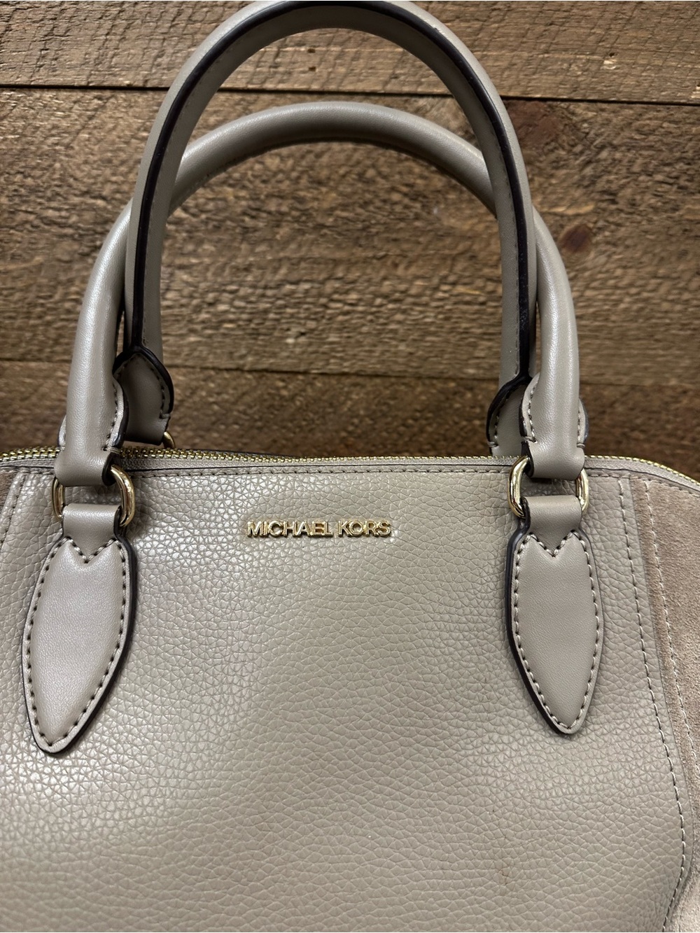 Michael Kors Taupe Pebbled Leather & Suede Satchel Crossbody Bag - Picture 3 of 8